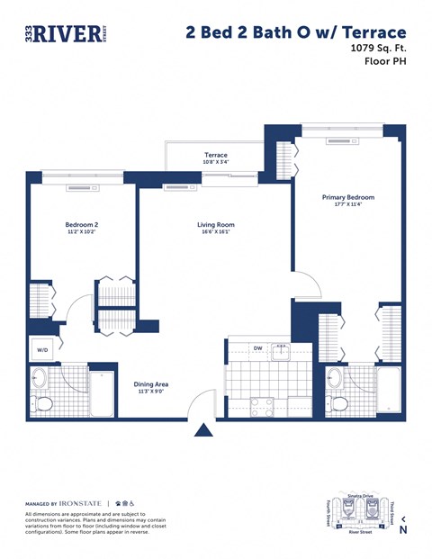 Floor plan for 2 beds, 2 baths, 1079 sqft